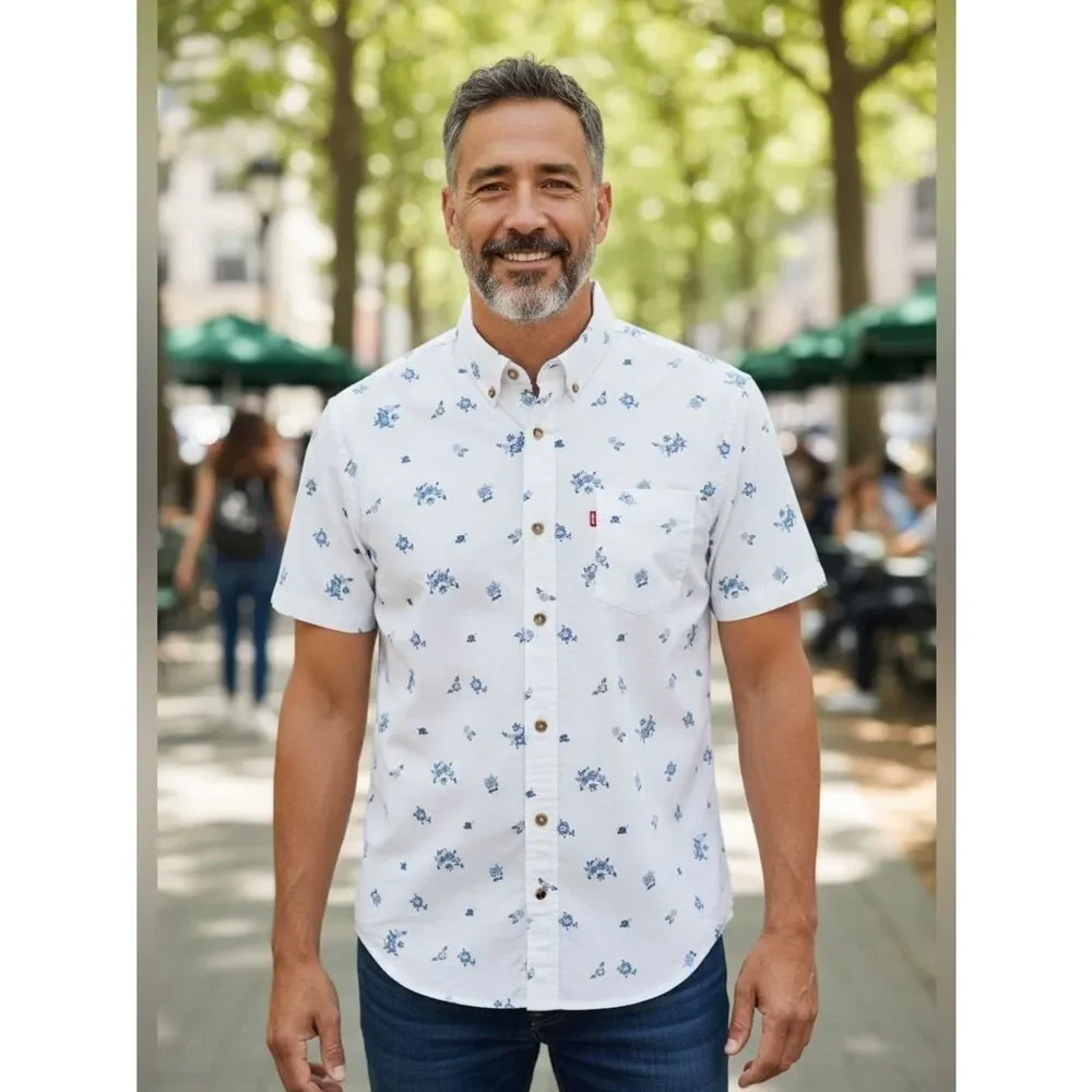 Levi's White Blue Tropical Floral Print Short Sleeves Button Down Shirt  XL